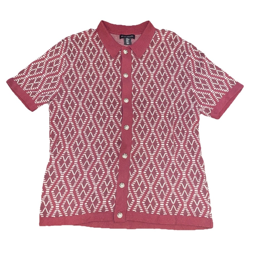 Art of Rhetoric Red Geometric Patterned Short Sleeve Sweater Shirt Mens Size Med